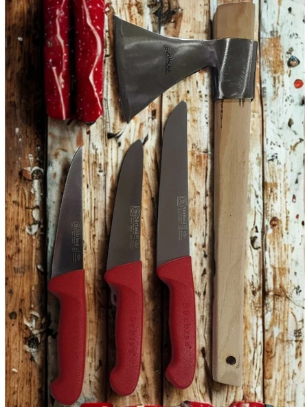 Handmade Sürmene Sürbisa Paltalı Kasap Kurban Et Doğrama Seti 4 lü + Masat - Resim 2