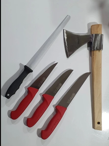 Handmade Sürmene Sürbisa Paltalı Kasap Kurban Et Doğrama Seti 4 lü + Masat - Resim 4