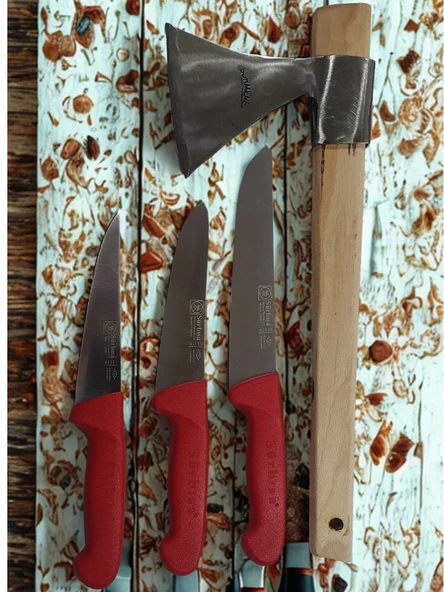 Handmade Sürmene Sürbisa Paltalı Kasap Kurban Et Doğrama Seti 4 lü + Masat ürün görseli