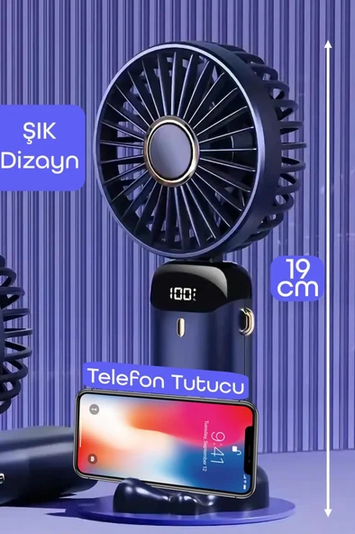 LCD Ekranlı Şarjlı El Fanı Mini Vantilatör 5 Kademe Sessiz Boyun Askılı Mor Fan - 6