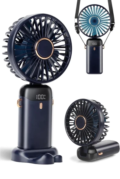 LCD Ekranlı Şarjlı El Fanı Mini Vantilatör 5 Kademe Sessiz Boyun Askılı Mor Fan - 2