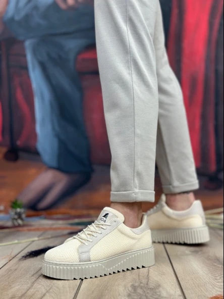 ET0803 Yüksek Taban Triko Krem Erkek Ayakkabı - Resim 2