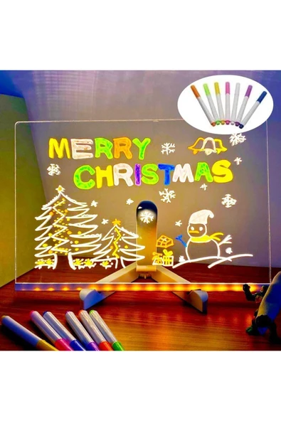 Büyük Boy 30 X 20 cm Neon Mesaj Panosu Led Işıklı Yazı Çizim Tahtası Standlı 7 Keçeli Kalemli - 6