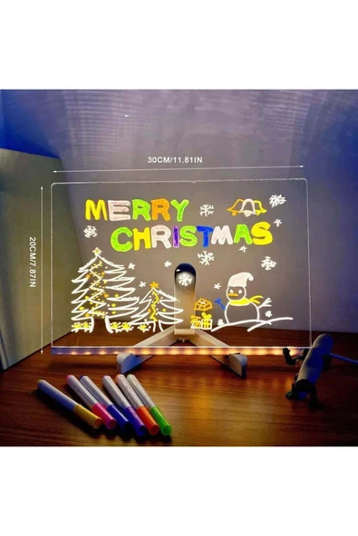 Büyük Boy 30 X 20 cm Neon Mesaj Panosu Led Işıklı Yazı Çizim Tahtası Standlı 7 Keçeli Kalemli - 3