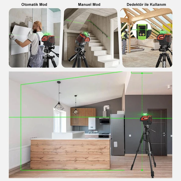 KOBB KBL32GTP Profesyonel Li-ion Yatay 360° ve Dikey Otomatik Hizalamalı Yeşil Nokta Şakül ve Çapraz Çizgi Lazer+Tripod - 5