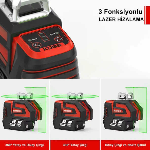 KOBB KBL32GTP Profesyonel Li-ion Yatay 360° ve Dikey Otomatik Hizalamalı Yeşil Nokta Şakül ve Çapraz Çizgi Lazer+Tripod - 3