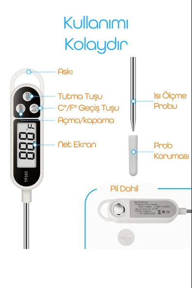 Dijital Gıda Termometresi Sıvı Gıda Et Su Bebek Süt Mama Yiyecek Sıcaklık Mutfak Isı Ölçer 3238 - 5