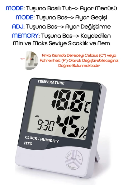 Termometre Nem Ölçer Alarm Saat Ekranlı Oda Sıcaklık Ölçer Duvara Uygun Masaüstü Isı Göstergesi 3240 - 2