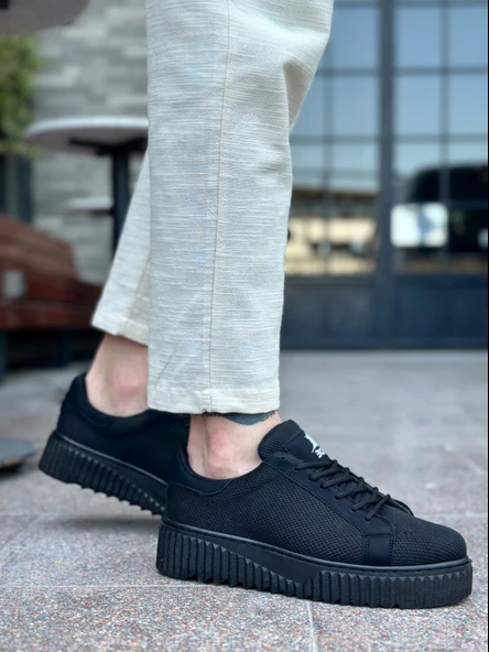 ET0803 Yüksek Siyah Taban Triko Siyah Erkek Ayakkabı - Resim 3