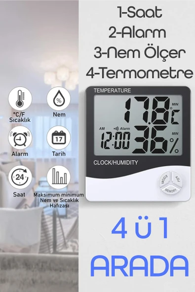 Termometre Nem Ölçer Alarm Saat Ekranlı Oda Sıcaklık Ölçer Duvara Uygun Masaüstü Isı Göstergesi 3240 - 5