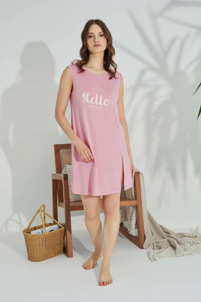 Kadın Bisiklet Yaka Viskon Yırtmaç Detaylı Mini Gecelik Elbise - 5