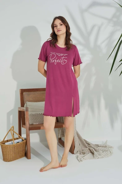 Kadın Bisiklet Yaka Viskon Yırtmaç Detaylı Mini Gecelik Elbise - 7