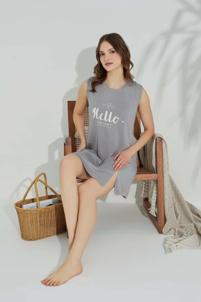 Kadın Bisiklet Yaka Viskon Yırtmaç Detaylı Mini Gecelik Elbise - 3