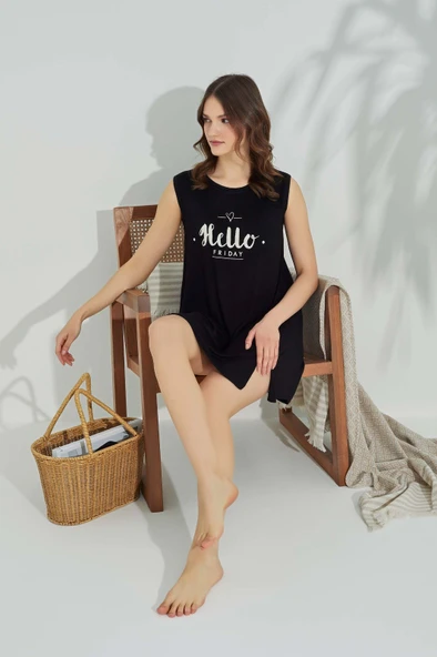 Kadın Bisiklet Yaka Viskon Yırtmaç Detaylı Mini Gecelik Elbise - 12