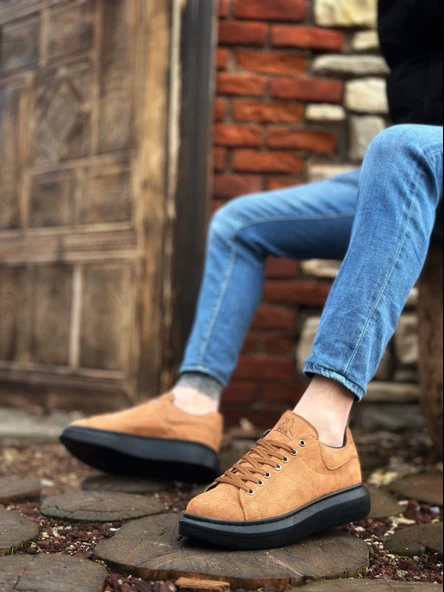 ET0547 Kalın Yüksek Taban Taba Siyah Süet Bağcıklı Spor Erkek Ayakkabı - Resim 2