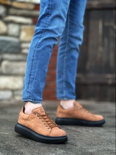 ET0547 Kalın Yüksek Taban Taba Siyah Süet Bağcıklı Spor Erkek Ayakkabı - Resim 3