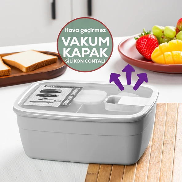 Porsima 3194 Vakumlu Kendinden Kaşık Çatallı Sosluklu Bölmeli Beslenme Çantası - Taşınabilir 2 Katlı Lunch Box - Sefer Tası 1200 Ml Gri