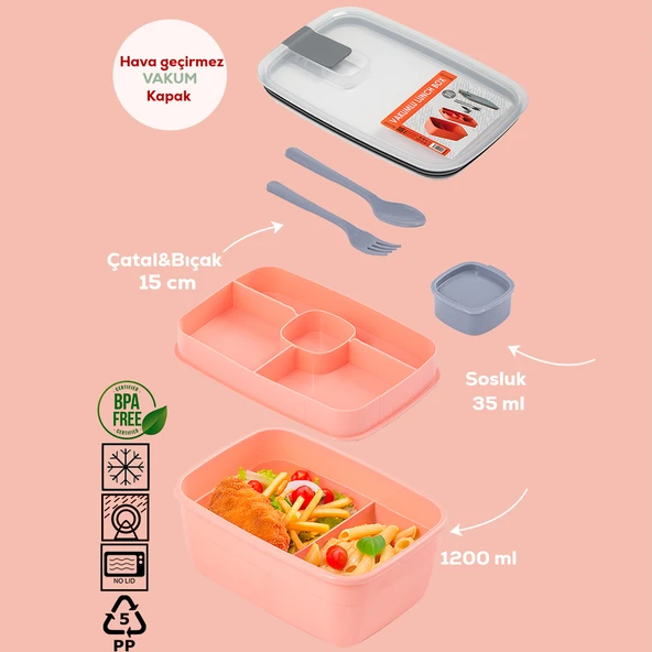 Porsima 3193 Vakumlu Kendinden Kaşık Çatallı Sosluklu Bölmeli Beslenme Çantası - Taşınabilir 2 Katlı Lunch Box - Sefer Tası 1200 Ml Somon - 3