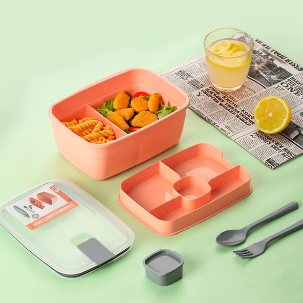 Porsima 3193 Vakumlu Kendinden Kaşık Çatallı Sosluklu Bölmeli Beslenme Çantası - Taşınabilir 2 Katlı Lunch Box - Sefer Tası 1200 Ml Somon - 5