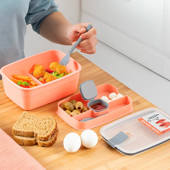Porsima 3193 Vakumlu Kendinden Kaşık Çatallı Sosluklu Bölmeli Beslenme Çantası - Taşınabilir 2 Katlı Lunch Box - Sefer Tası 1200 Ml Somon