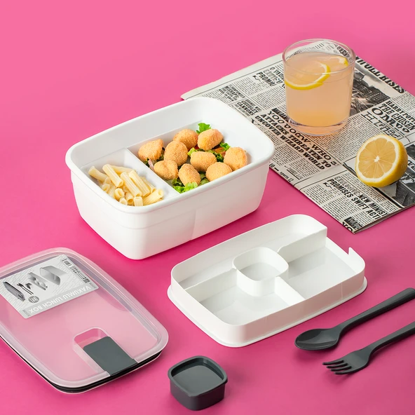 Porsima 3192 Vakumlu Kendinden Kaşık Çatallı Sosluklu Bölmeli Beslenme Çantası - Taşınabilir 2 Katlı Lunch Box - Sefer Tası 1200 Ml Beyaz