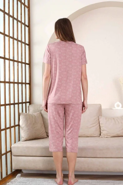 Kadın Gül Kurusu V Yaka Dantel Detay Viskon 3 Düğmeli Kısa Kol Yazlık Kapri Pijama Takımı - 4