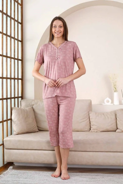Kadın Gül Kurusu V Yaka Dantel Detay Viskon 3 Düğmeli Kısa Kol Yazlık Kapri Pijama Takımı - 3