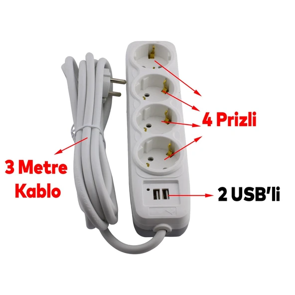 4'lü Grup Priz 2 USB'li 3 Metre Kablolu Fiş Priz Topraklı Çoklu Grup Priz Çoğaltıcı Dörtlü - 5