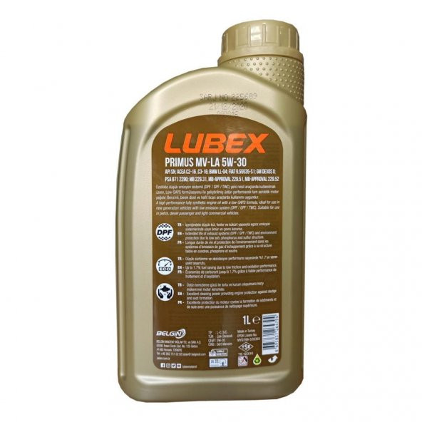 Lubex Primus MV-LA 5W-30 1 Lt Tam Sentetik Motor Yağı (12 Adet) - Resim 5