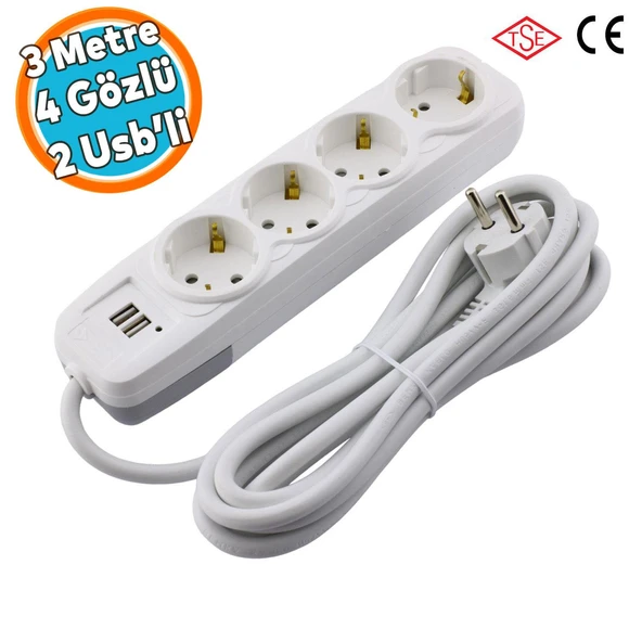 4'lü Grup Priz 2 USB'li 3 Metre Kablolu Fiş Priz Topraklı Çoklu Grup Priz Çoğaltıcı Dörtlü