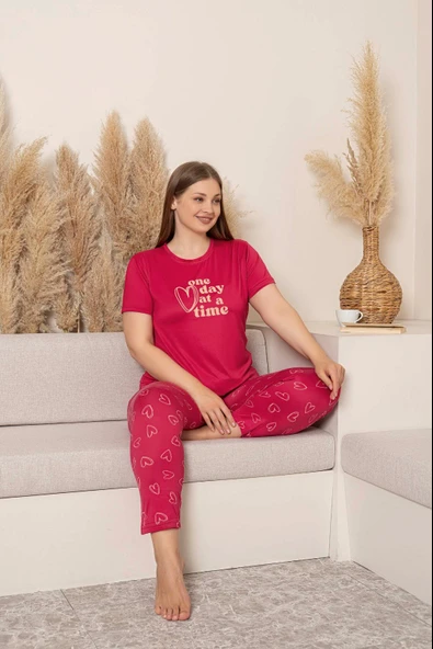 Kadın Bisiklet Yaka Düğmesiz Battal Kesim Viskon Yazlık Kısa Kol Büyük Beden Pijama Takımı - 4