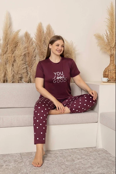 Kadın Bisiklet Yaka Düğmesiz Battal Kesim Viskon Yazlık Kısa Kol Büyük Beden Pijama Takımı - 2