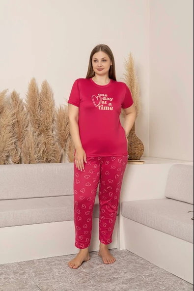 Kadın Bisiklet Yaka Düğmesiz Battal Kesim Viskon Yazlık Kısa Kol Büyük Beden Pijama Takımı - 3