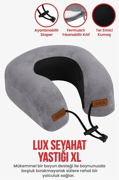 Lux Ortopedik Seyahat Yastığı Visco Boyun Destekli Seyahat Yastığı - Gri | Ergo Travel - Resim 2