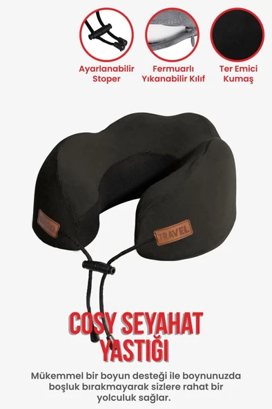 Cosy Ortopedik Seyahat Yastığı Visco Boyun Destekli Seyahat Yastığı - Siyah | Ergo Travel - 3