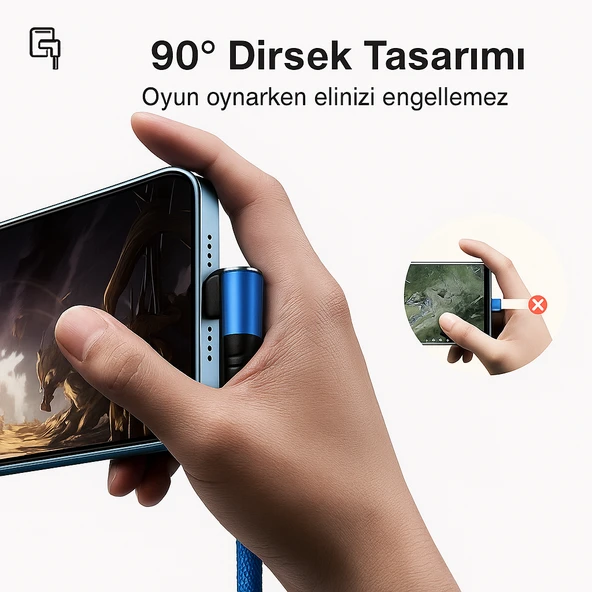 Naylon Örgülü 90 Derece 1 Metre 2.1A  Micro Hızlı Şarj Kablosu  W05 - 3