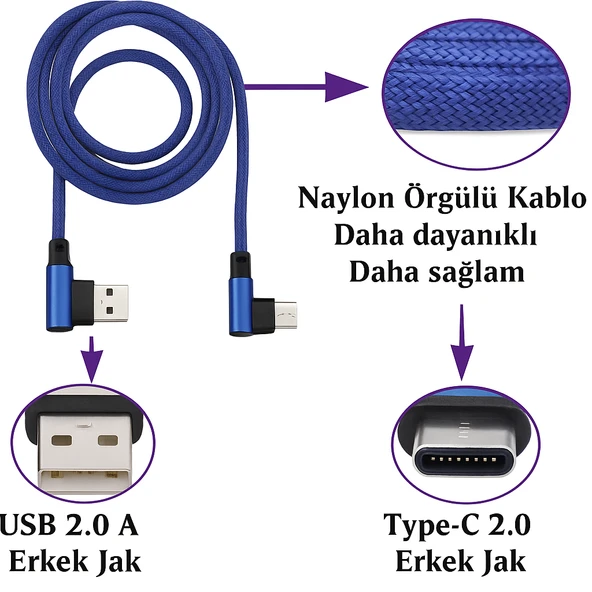 Naylon Örgülü 90 Derece 1 Metre 2.1A  Micro Hızlı Şarj Kablosu  W05 - 5