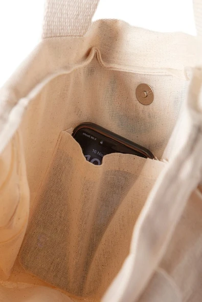 Desenli Bez Keten Omuz Çantası, Plaj Çantası, İşlemeli El ve Kol Çantası %100 Pamuk 36x29 cm - 7