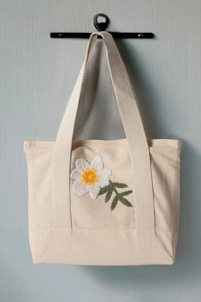 Desenli Bez Keten Omuz Çantası, Plaj Çantası, İşlemeli El ve Kol Çantası %100 Pamuk 36x29 cm - 9