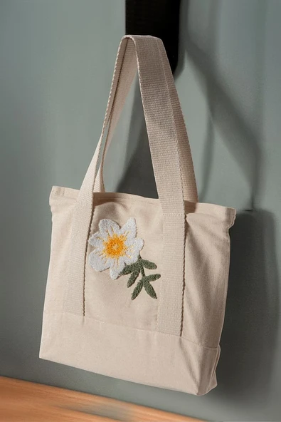 Desenli Bez Keten Omuz Çantası, Plaj Çantası, İşlemeli El ve Kol Çantası %100 Pamuk 36x29 cm - 8