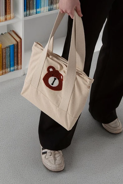 Desenli Bez Keten Omuz Çantası, Plaj Çantası, İşlemeli El ve Kol Çantası %100 Pamuk 36x29 cm - 4