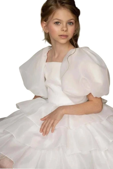 Kız Çocuk Balon Kollu Eteği KatKat Fırfırlı İçi Astarlı Beyaz Abiye - Resim 7