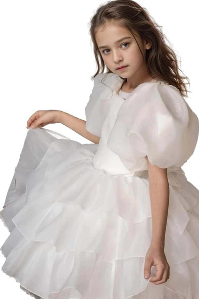 Kız Çocuk Balon Kollu Eteği KatKat Fırfırlı İçi Astarlı Beyaz Abiye - Resim 6