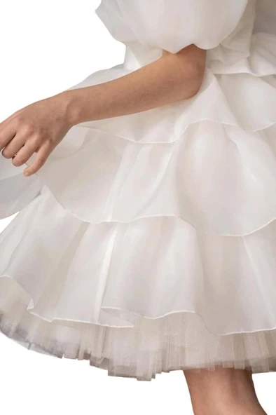 Kız Çocuk Balon Kollu Eteği KatKat Fırfırlı İçi Astarlı Beyaz Abiye - Resim 8