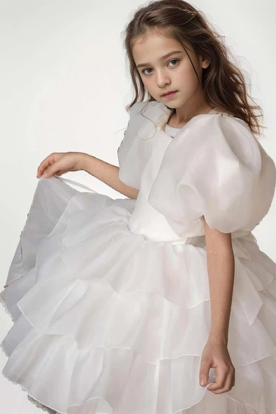 Kız Çocuk Balon Kollu Eteği KatKat Fırfırlı İçi Astarlı Beyaz Abiye ürün görseli