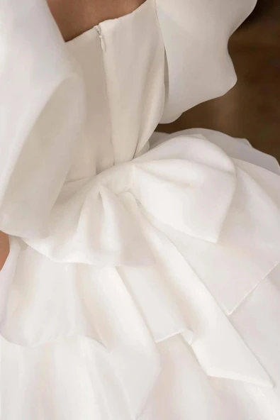 Kız Çocuk Balon Kollu Eteği KatKat Fırfırlı İçi Astarlı Beyaz Abiye - Resim 5