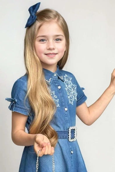 Kız Çocuk Gömlek Yaka Taş Düğmeli Üzeri İnci Yıldız İşlemeli Mavi Kot Elbise - Resim 6