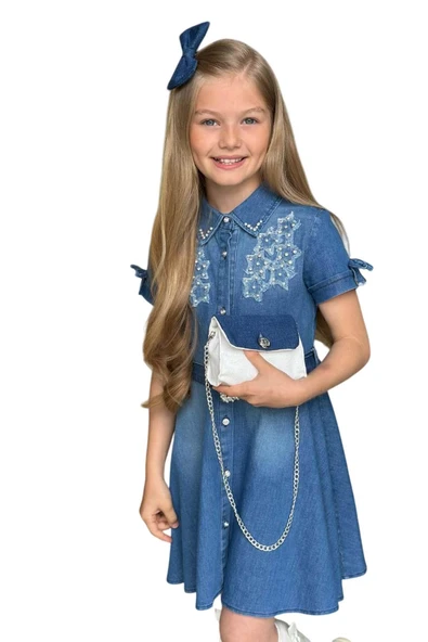 Kız Çocuk Gömlek Yaka Taş Düğmeli Üzeri İnci Yıldız İşlemeli Mavi Kot Elbise - Resim 7