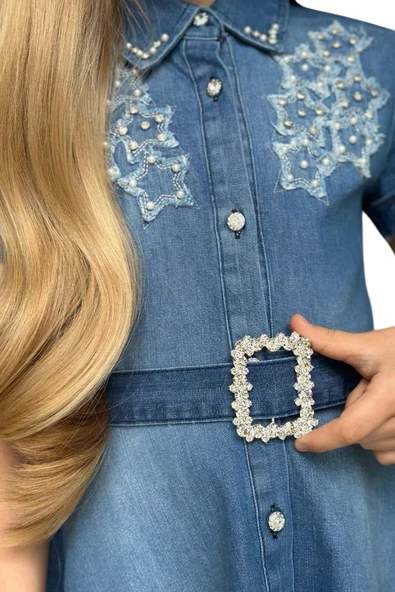 Kız Çocuk Gömlek Yaka Taş Düğmeli Üzeri İnci Yıldız İşlemeli Mavi Kot Elbise - Resim 9