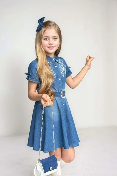 Kız Çocuk Gömlek Yaka Taş Düğmeli Üzeri İnci Yıldız İşlemeli Mavi Kot Elbise - Resim 4